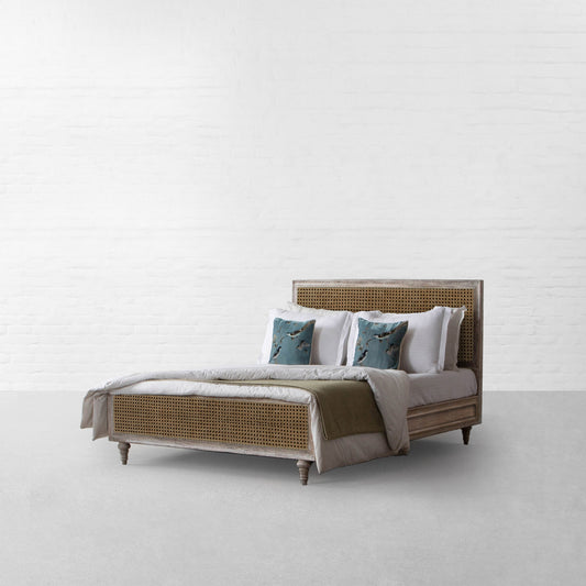 Vodrohome Cochin Rattan Bed Soft Curves Rustic River Sand –Mango Wood Rattan Cane Bed Queen Size Bed 162cm W x 208cm D x 102cm H BQ#004 - vodrohome