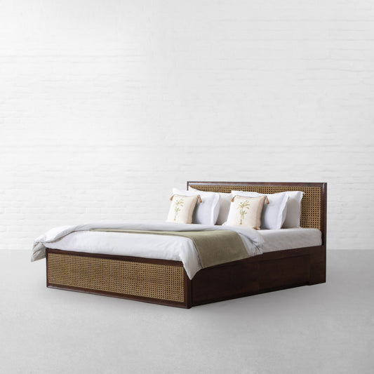 Vodrohome Cochin Rattan Bed With Drawer Storage – Mango Wood Rattan Cane Bed B#005 - vodrohome