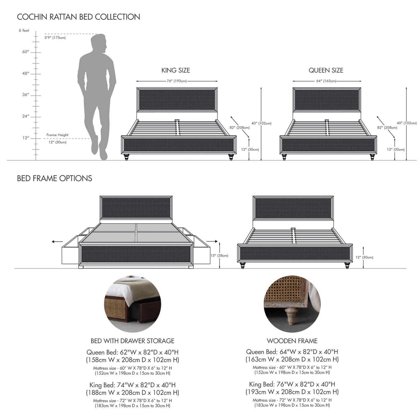 Vodrohome Cochin Rattan Bed With Drawer Storage – Mango Wood Rattan Cane Bed B#005 - vodrohome