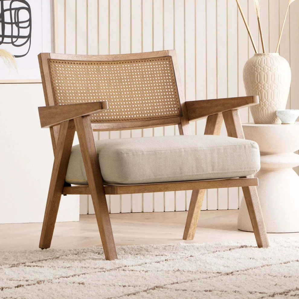 Vodrohome Rattan cane accent Z chair - upholstered arm chair cum sofa lounge chair mango wood, beige 68x69x70 cm CH#022 - vodrohome