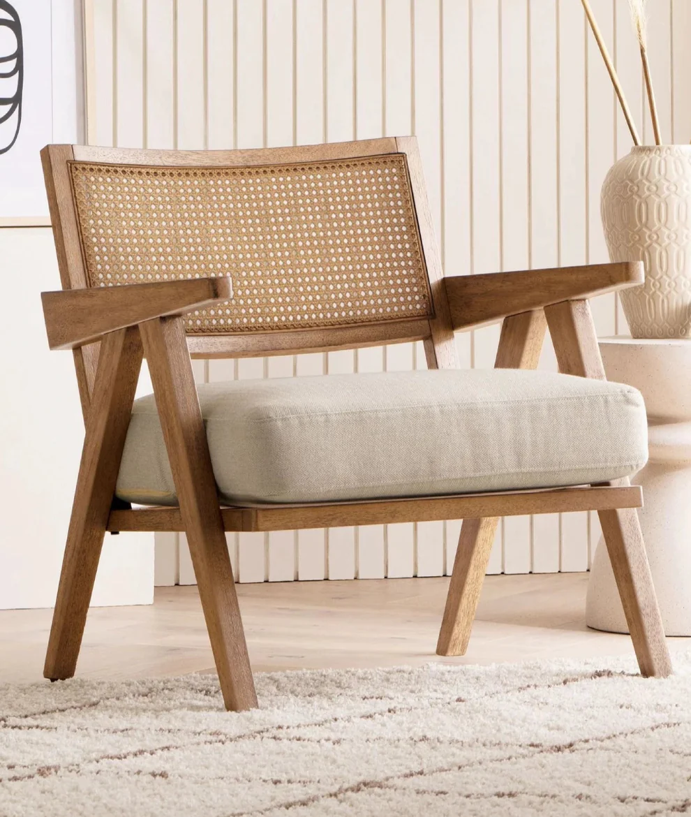 Vodrohome Rattan cane accent Z chair - upholstered arm chair cum sofa lounge chair mango wood, beige 68x69x70 cm CH#022 - vodrohome
