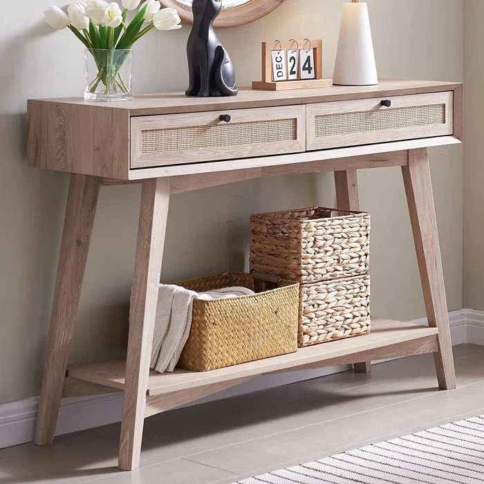 Vodrohome 2 Drawer cane consol table with open shelf for hallway - rattan console tables for entryway CO#005 - vodrohome