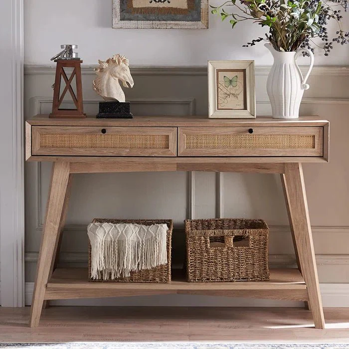 Vodrohome 2 Drawer cane consol table with open shelf for hallway - rattan console tables for entryway CO#005 - vodrohome