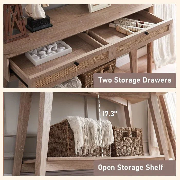 Vodrohome 2 Drawer cane consol table with open shelf for hallway - rattan console tables for entryway CO#005 - vodrohome