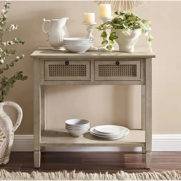 Vodrohome Raythan 2 Drawer cane consol table with open shelf for hallway - rattan console tables for entryway CO#006 - vodrohome