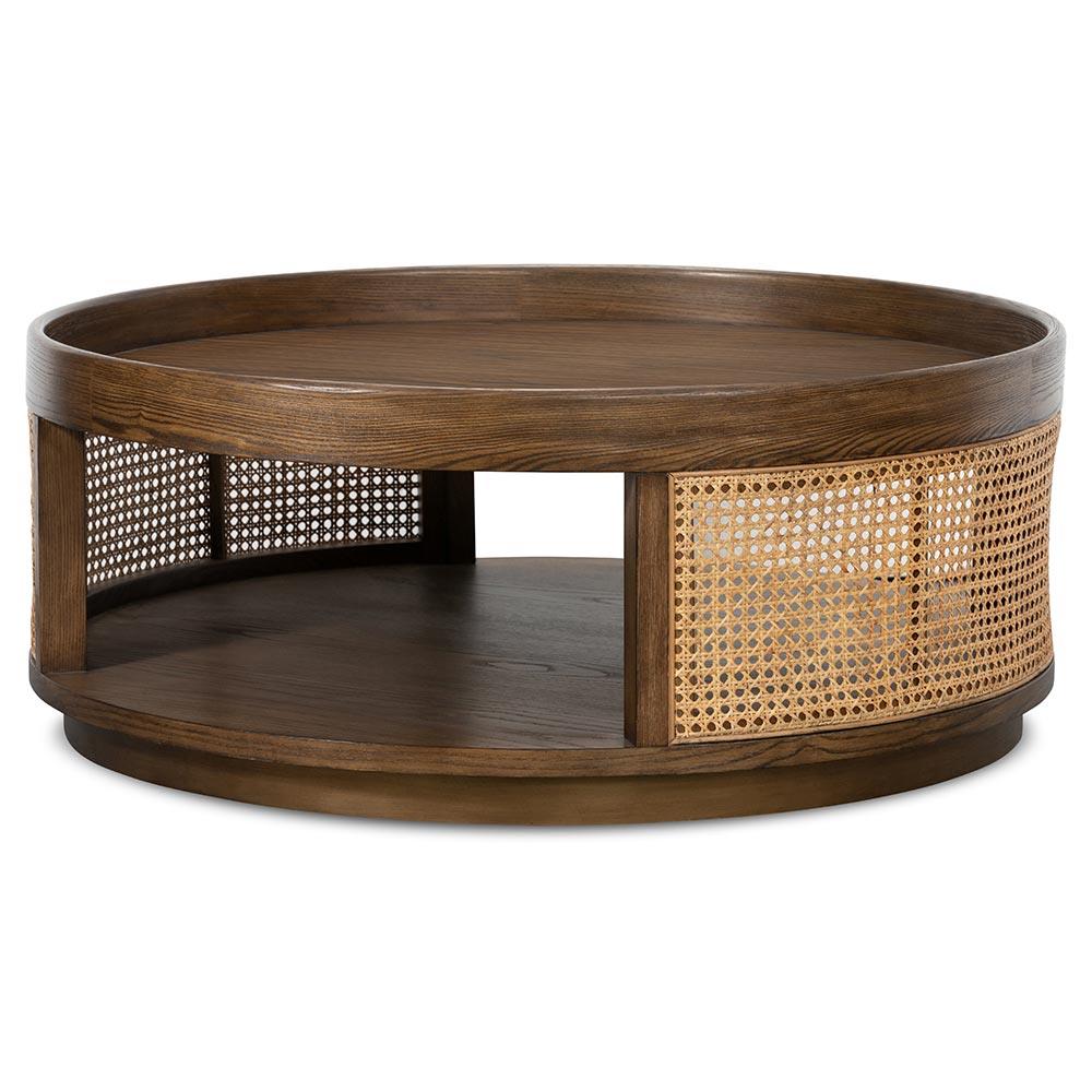 Vodrohome Rattan Coffee Table with tray style top – cane center table with cane shelf for storage – bohemian solid Mango wood coffee table for office and living room - wooden tray table C#037 - vodrohome