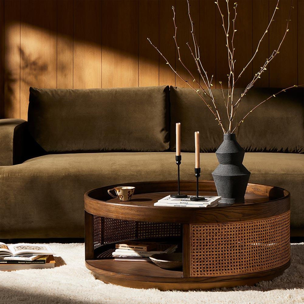 Vodrohome Rattan Coffee Table with tray style top – cane center table with cane shelf for storage – bohemian solid Mango wood coffee table for office and living room - wooden tray table C#037 - vodrohome