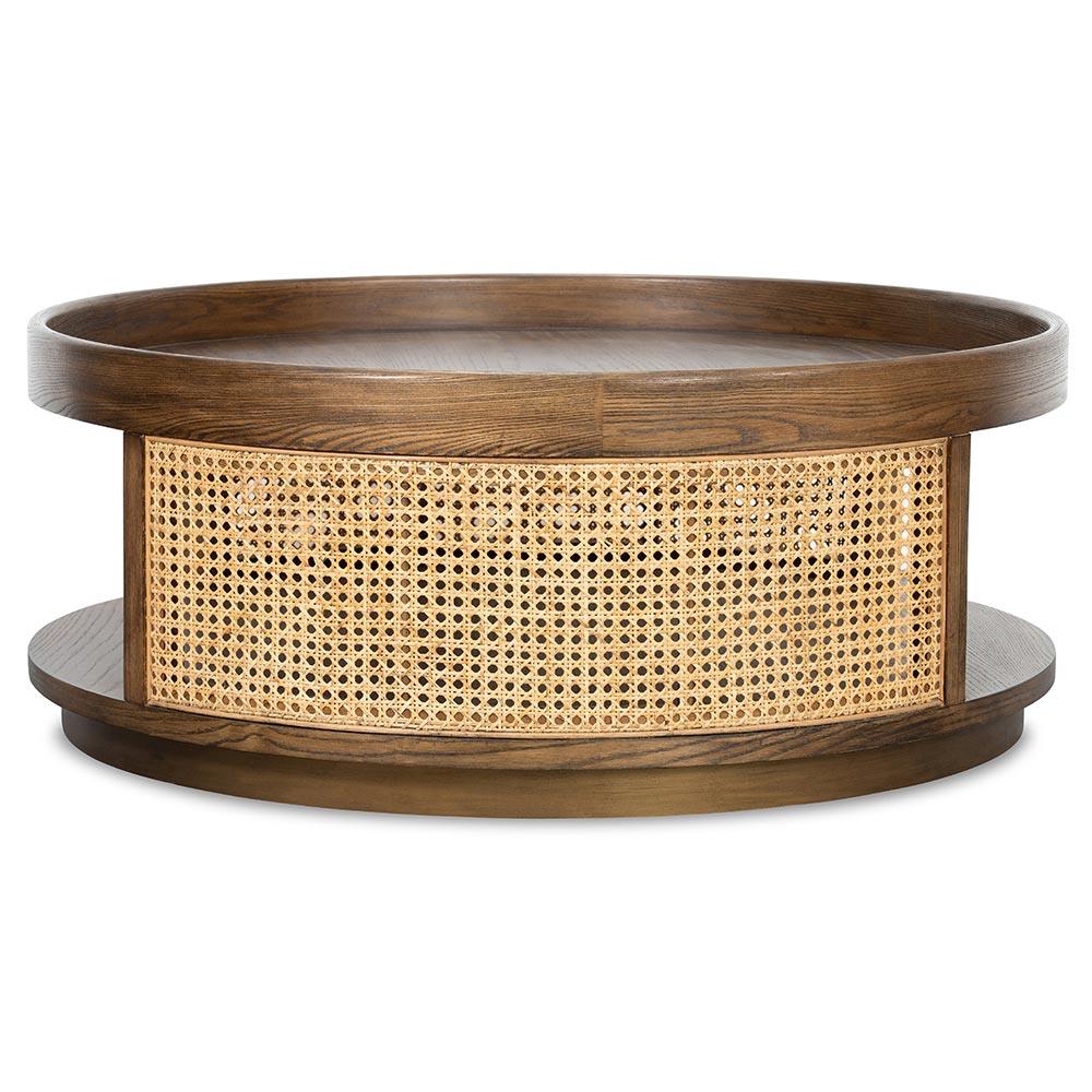 Vodrohome Rattan Coffee Table with tray style top – cane center table with cane shelf for storage – bohemian solid Mango wood coffee table for office and living room - wooden tray table C#037 - vodrohome