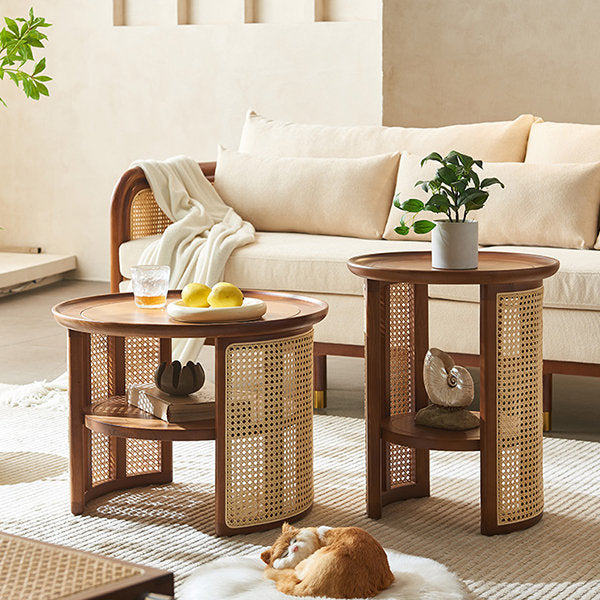 Vodrohome Rattan Coffee Table with side table – cane center table with shelf for storage – bohemian solid Mango wood set of center and side table office and living room C#038 - vodrohome