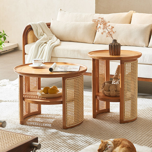 Vodrohome Rattan Coffee Table with side table – cane center table with shelf for storage – bohemian solid Mango wood set of center and side table office and living room C#038 - vodrohome
