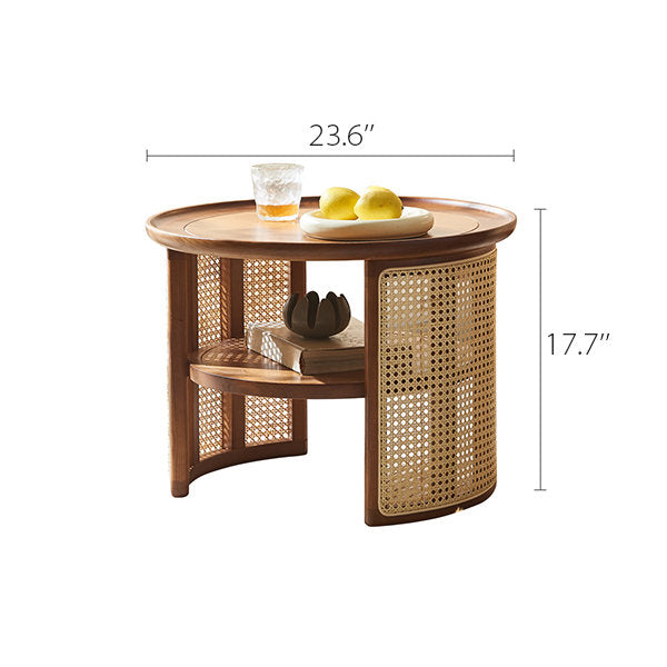 Vodrohome Rattan Coffee Table with side table – cane center table with shelf for storage – bohemian solid Mango wood set of center and side table office and living room C#038 - vodrohome