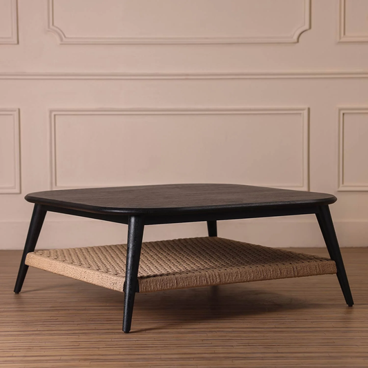 Vodrohome guthai coffee table – bohemian center table with jute hand weaving shelf - mango wood gujrati sofa set table teapoy C#039 - vodrohome