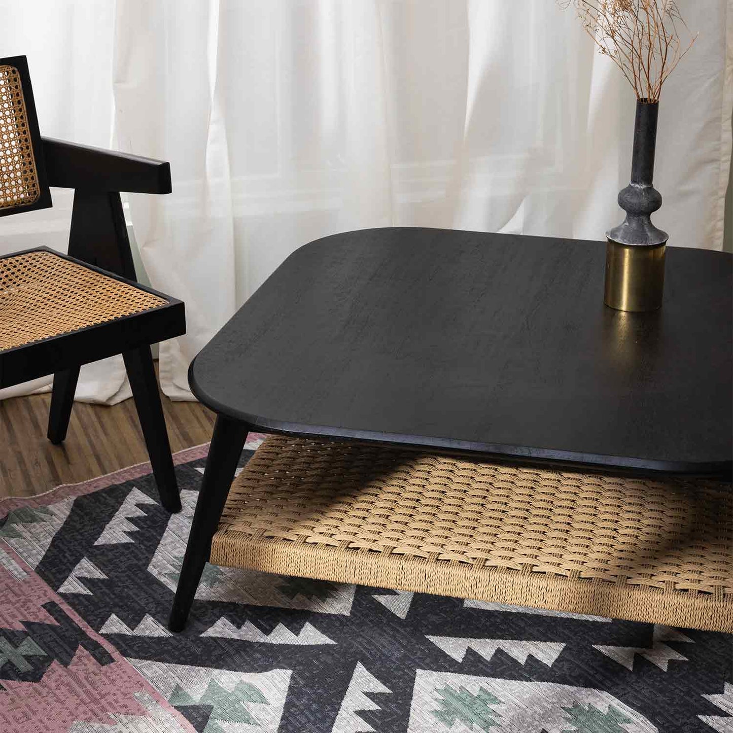 Vodrohome guthai coffee table – bohemian center table with jute hand weaving shelf - mango wood gujrati sofa set table teapoy C#039 - vodrohome