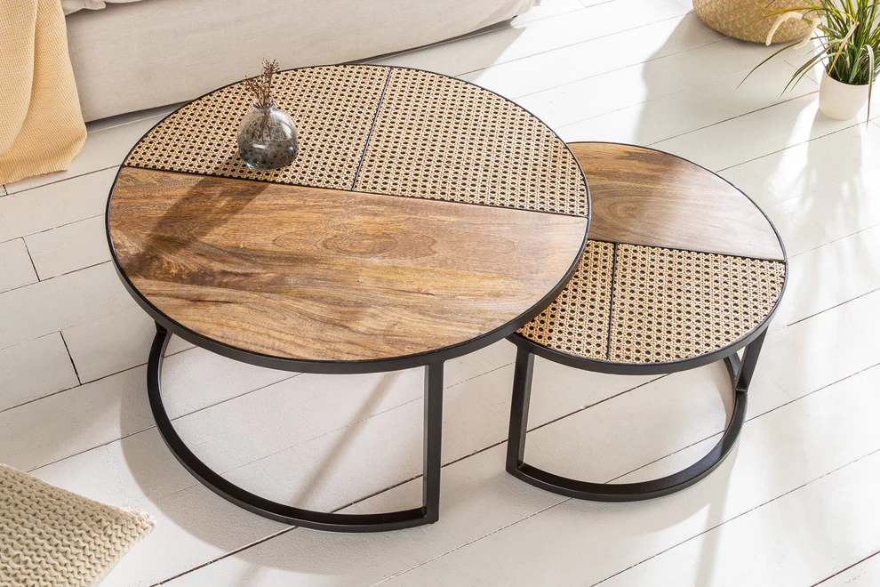 Vodrohome cane nesting coffee table - rattan round centre table with storage – set of 2 mango wood center table C#048 - vodrohome