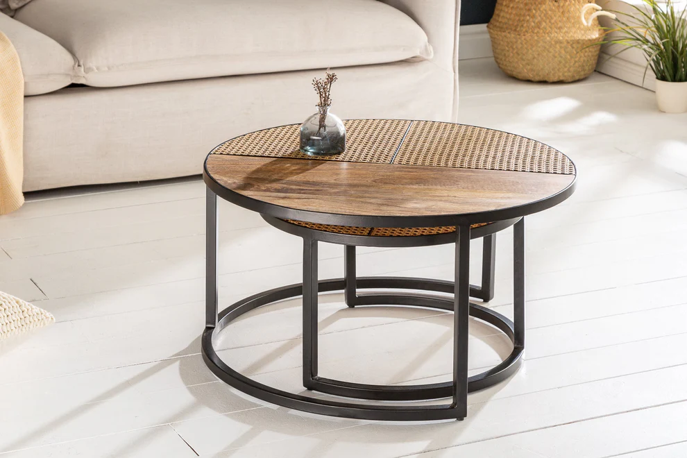 Vodrohome cane nesting coffee table - rattan round centre table with storage – set of 2 mango wood center table C#048 - vodrohome