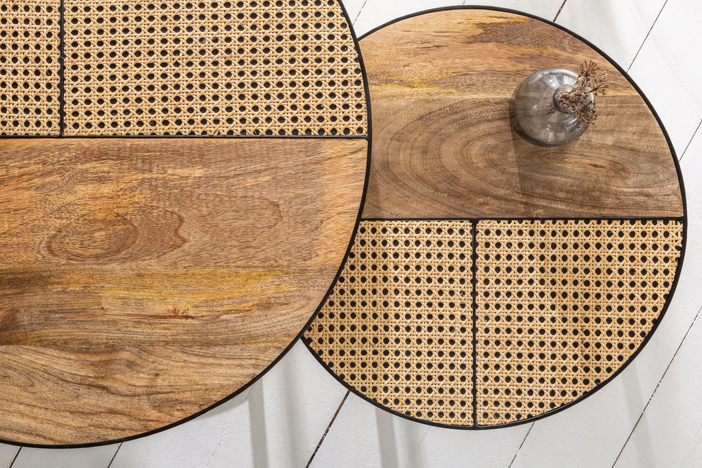Vodrohome cane nesting coffee table - rattan round centre table with storage – set of 2 mango wood center table C#048 - vodrohome