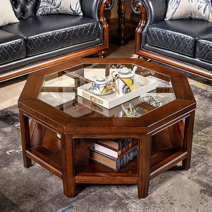 Vodrohome tea table for living room – mango wood coffee table with storage shelf – center table sofa set table furniture octagonal tea table coffee