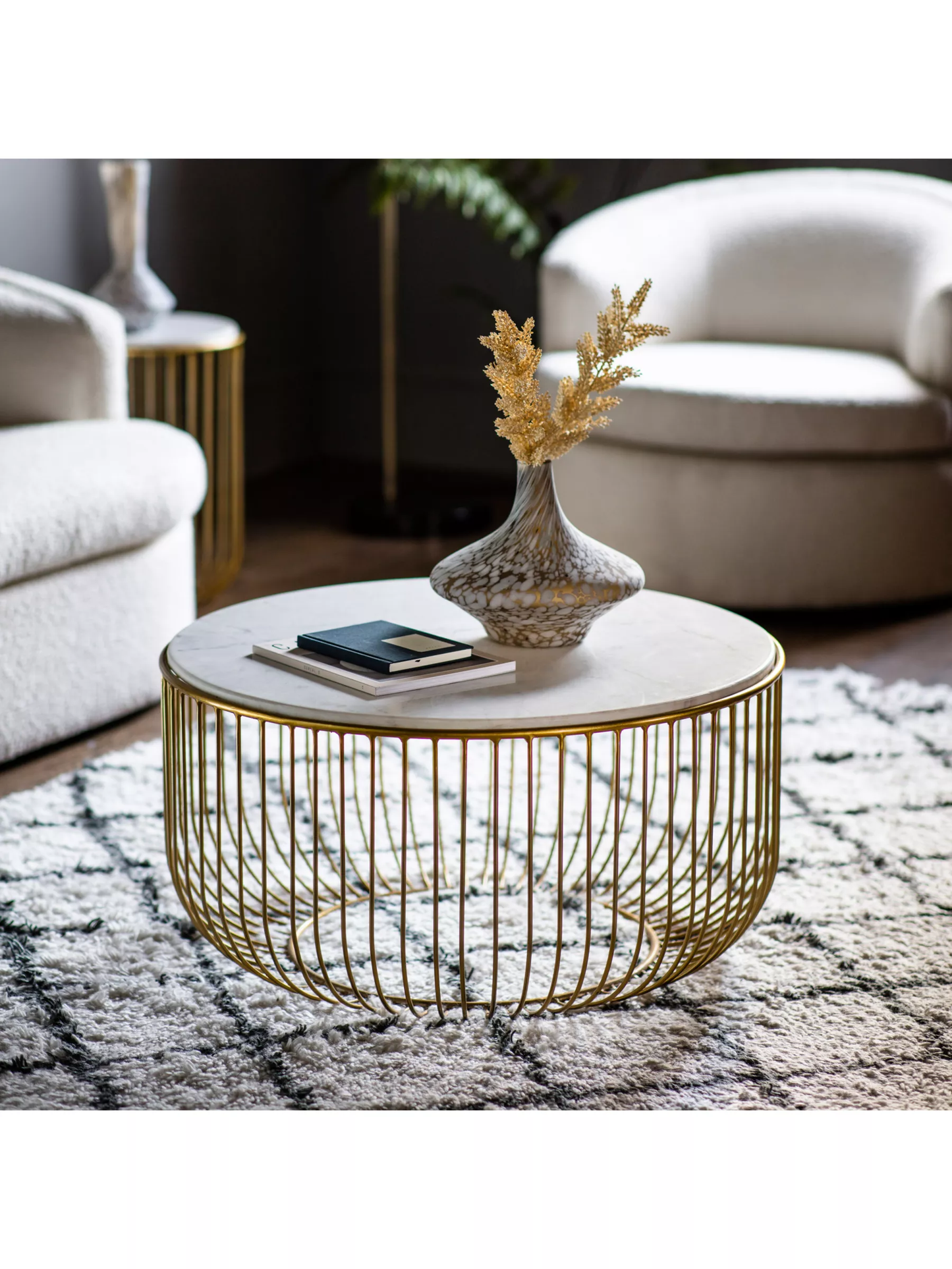 Vodrohome brass gold coffee table –marble stone coffee table with iron base – basket style center table with stone top for sofa and living C#072
