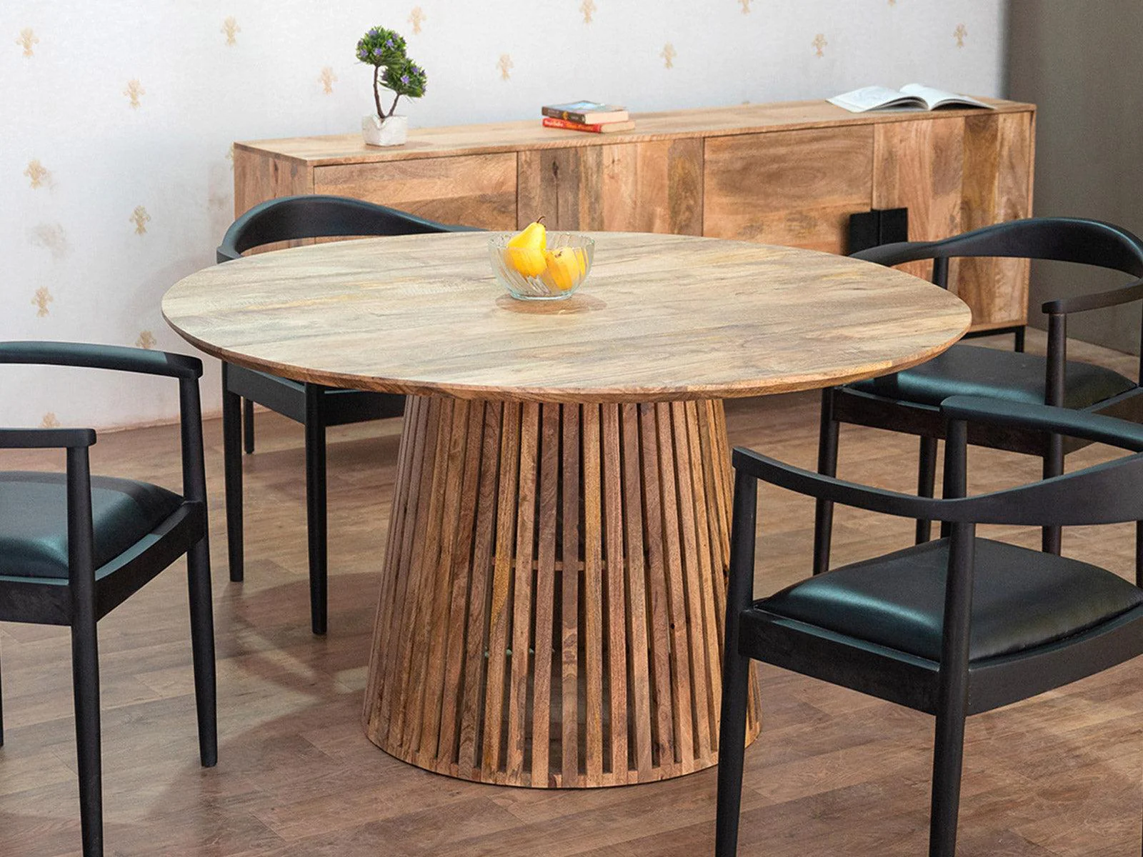 Vodro Natural Mango Wood Round Dining – Modern Style Wooden Dining Table DT#002