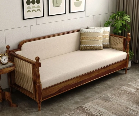 Vodrohome solid sheesham wood rattan Cane Divan Bed with Mattress – ethnic styke hand carved Indian day bed B#019