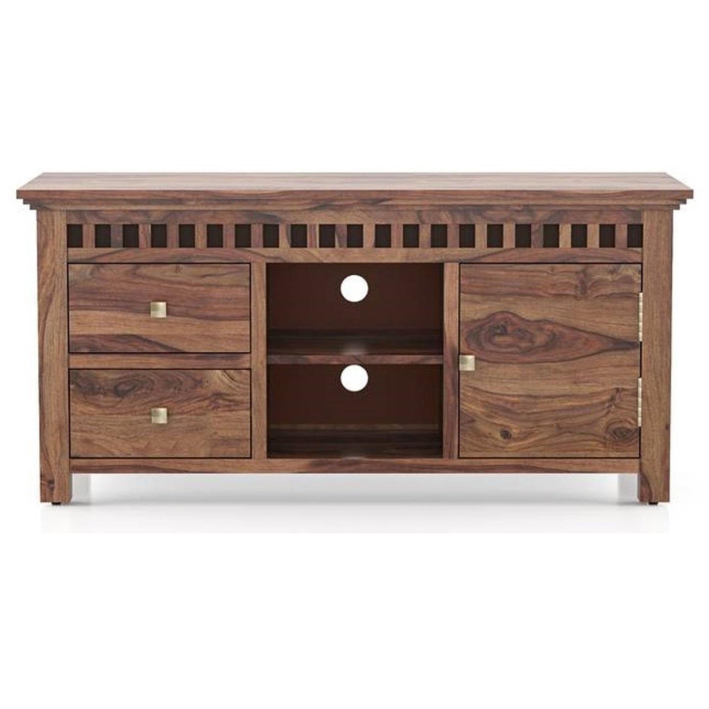 Vodrohome tv unit cabinet with slatted door compartment walnut – solid sheesham wood tvc – tv consol table with set up box shelf 113 x 45 x 53 cm TV#021 - vodrohome