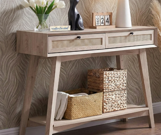 vodrohome 2 Drawer cane consol table with open shelf for hallway - rattan console tables for entryway CO#005
