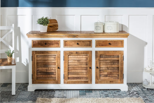 Vodrohome solid mango wood side board with three drawers and 3 doors rough finish – white wave dua tone sideboard 180x40x70 cm SB#002 - vodrohome