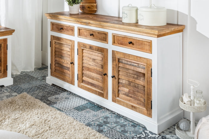 Vodrohome solid mango wood side board with three drawers and 3 doors rough finish – white wave dua tone sideboard 180x40x70 cm SB#002 - vodrohome