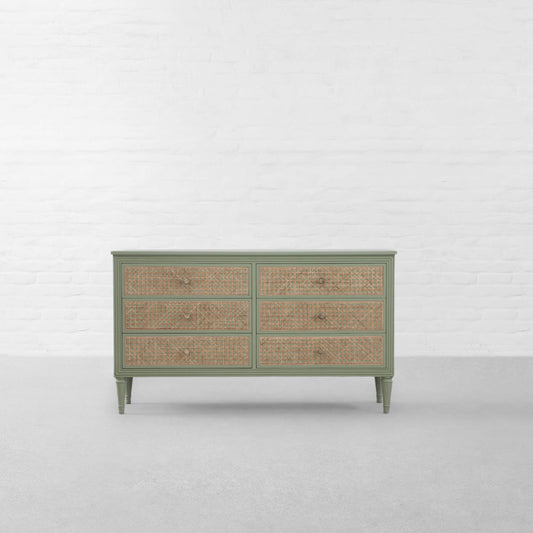 Vodrohome solid wood side board with six drawers – sage green chest of drawer with 6 drawers - SUMMER GARDEN CHEST OF DRAWERS 137x41x79 CM SB#003 - vodrohome
