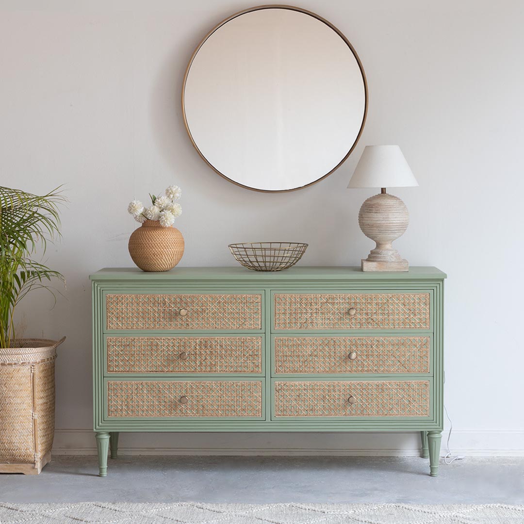 Vodrohome solid wood side board with six drawers – sage green chest of drawer with 6 drawers - SUMMER GARDEN CHEST OF DRAWERS 137x41x79 CM SB#003 - vodrohome