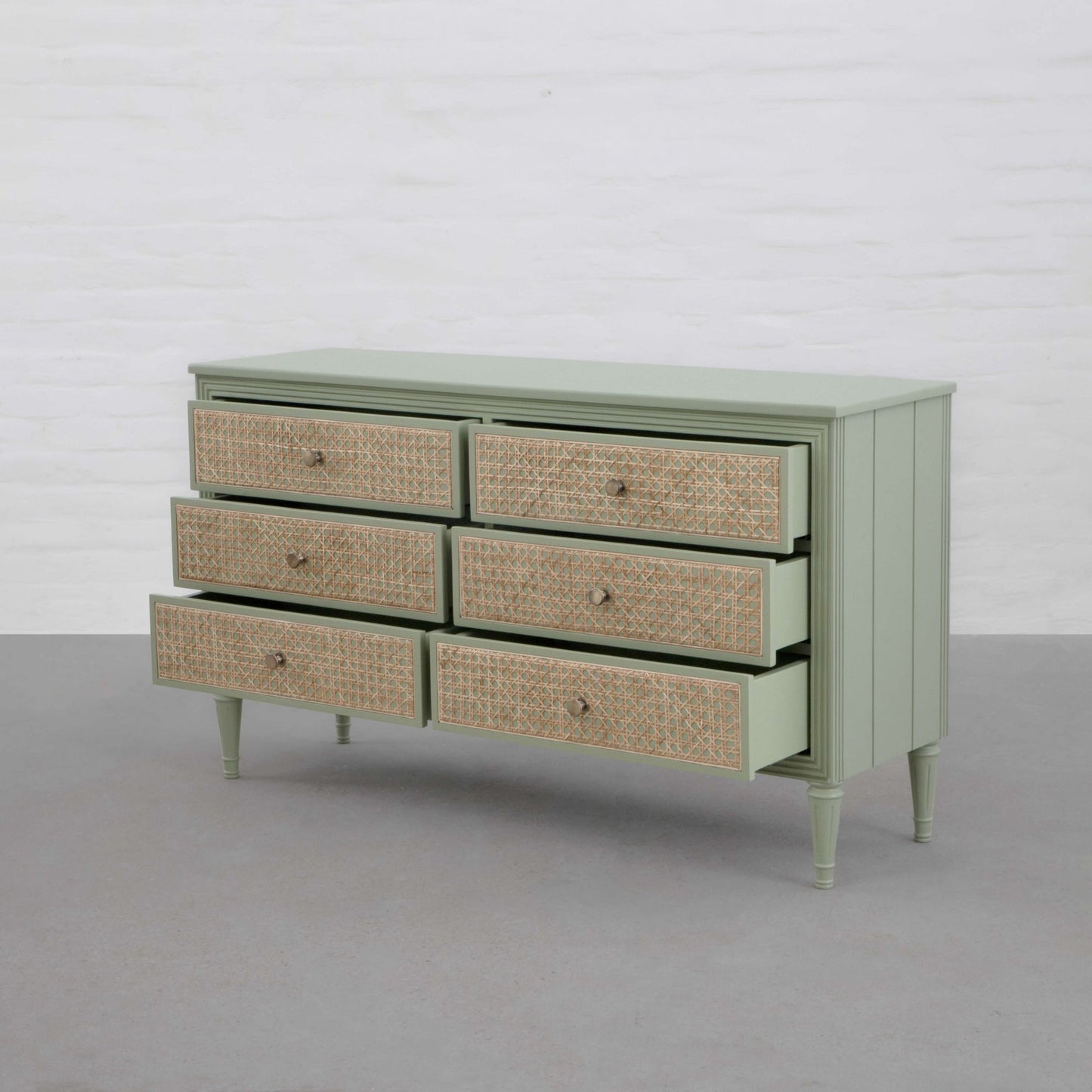 Vodrohome solid wood side board with six drawers – sage green chest of drawer with 6 drawers - SUMMER GARDEN CHEST OF DRAWERS 137x41x79 CM SB#003 - vodrohome