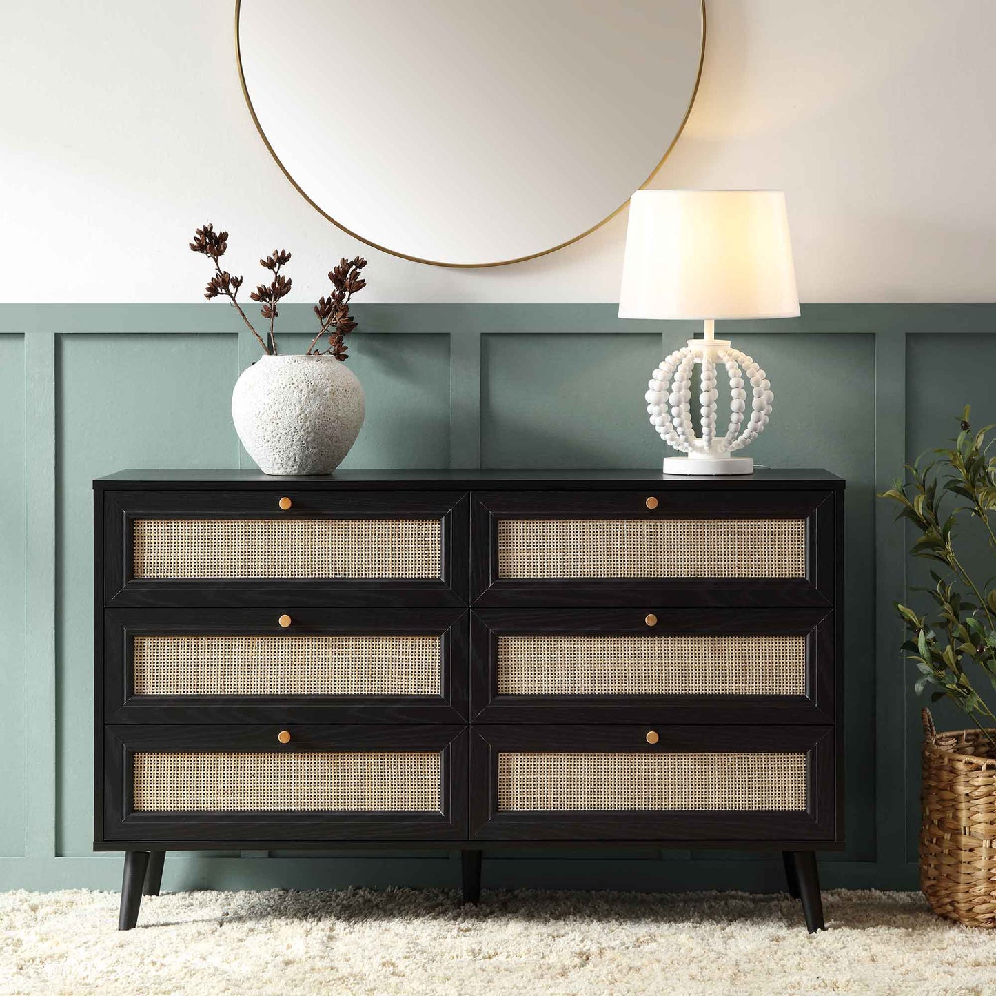 Vodrohome solid wood side board with six drawers – sage green chest of drawer with 6 drawers - Woven Rattan 6 Drawer Dresser with soft closer SB#006 - vodrohome