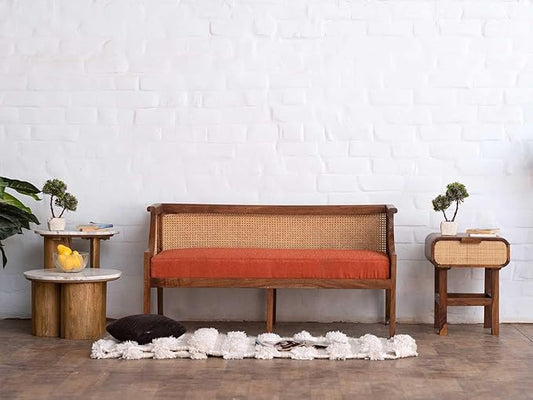 Vodrohome two seater rattan cane sofa with wooden frame teak finish| fabric lounge sofa | cotton linen sofa SO#023
