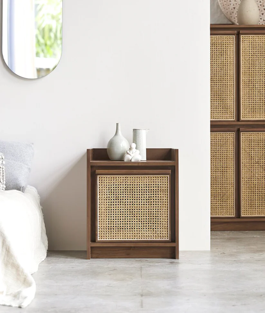 Vodrohome solid accacia wood rattan bedside table with removable Shelf – Hawamahal collection cane side table 50x40x60 cm S#003 - vodrohome