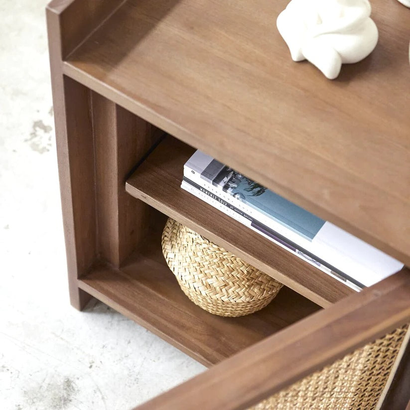 Vodrohome solid accacia wood rattan bedside table with removable Shelf – Hawamahal collection cane side table 50x40x60 cm S#003 - vodrohome
