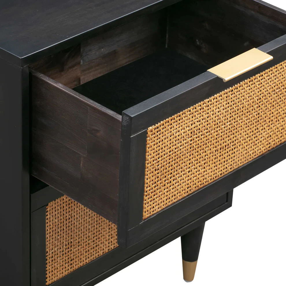 Vodrohome Solid wood rattan bedside table - two drawers bed side end table 50x43x56cm S#006