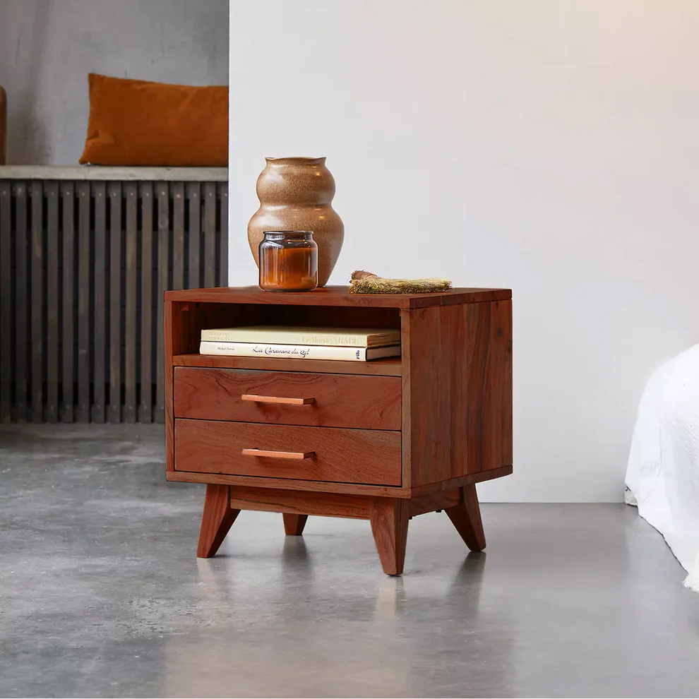 Vodrohome Acacia wood bedside table with 2 drawers and an open compartment –modern style night stand 48x35x45 cm S#012 - vodrohome