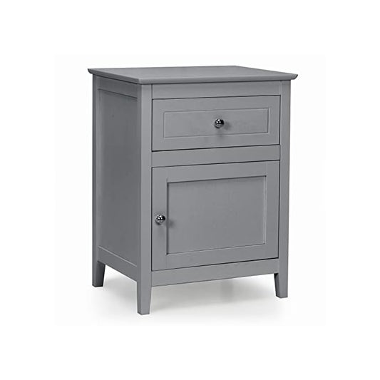 Vodrohome Acacia wood bedside table with 1 drawer and an compartment with door, solid wood night stand in gray finish 48x38x63 cm S#013 - vodrohome