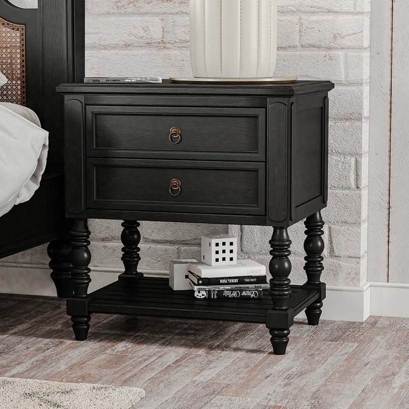 Vodrohome solid sheesham wood nightstand table with two drawers and a shelf - olympus bedside table in matt black 65x48x70 Cm S#015 - vodrohome