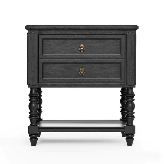Vodrohome solid sheesham wood nightstand table with two drawers and a shelf - olympus bedside table in matt black 65x48x70 Cm S#015 - vodrohome