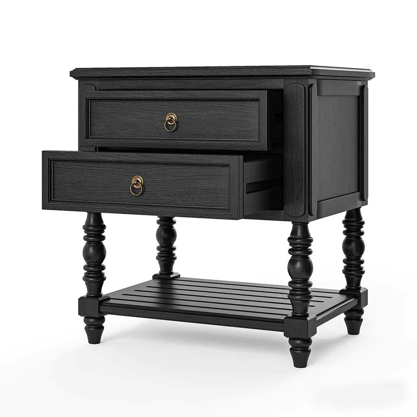 Vodrohome solid sheesham wood nightstand table with two drawers and a shelf - olympus bedside table in matt black 65x48x70 Cm S#015 - vodrohome