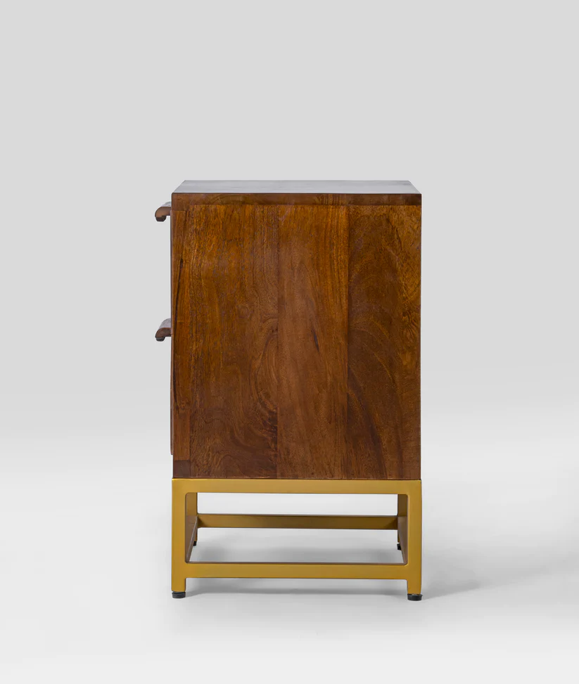 Vodrohome solid mango wood webbed bedside table with two drawers – classic design night stand with iron base 45x35x56 cm S#016 - vodrohome