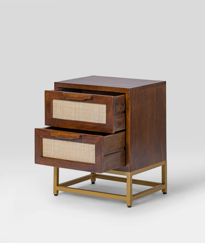 Vodrohome solid mango wood webbed bedside table with two drawers – classic design night stand with iron base 45x35x56 cm S#016 - vodrohome