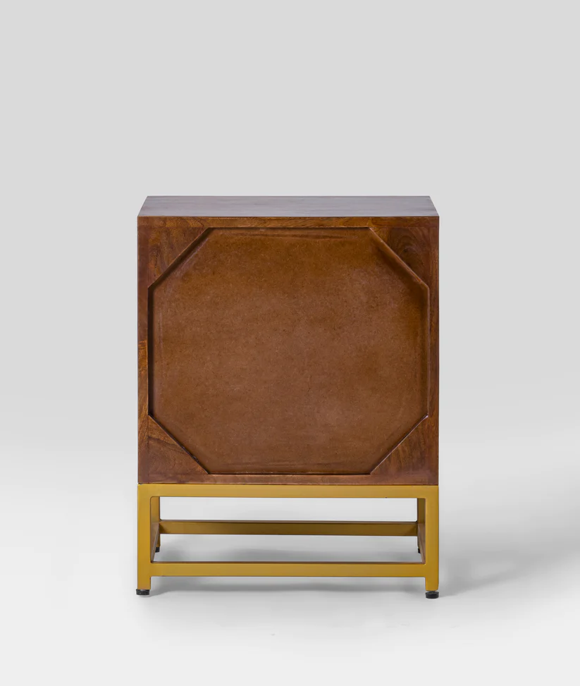 Vodrohome solid mango wood webbed bedside table with two drawers – classic design night stand with iron base 45x35x56 cm S#016 - vodrohome