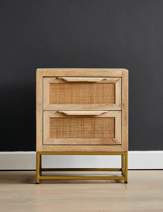 Vodrohome solid mango wood webbed bedside table with two drawers – classic design night stand with iron base 45x35x56 cm S#016 - vodrohome