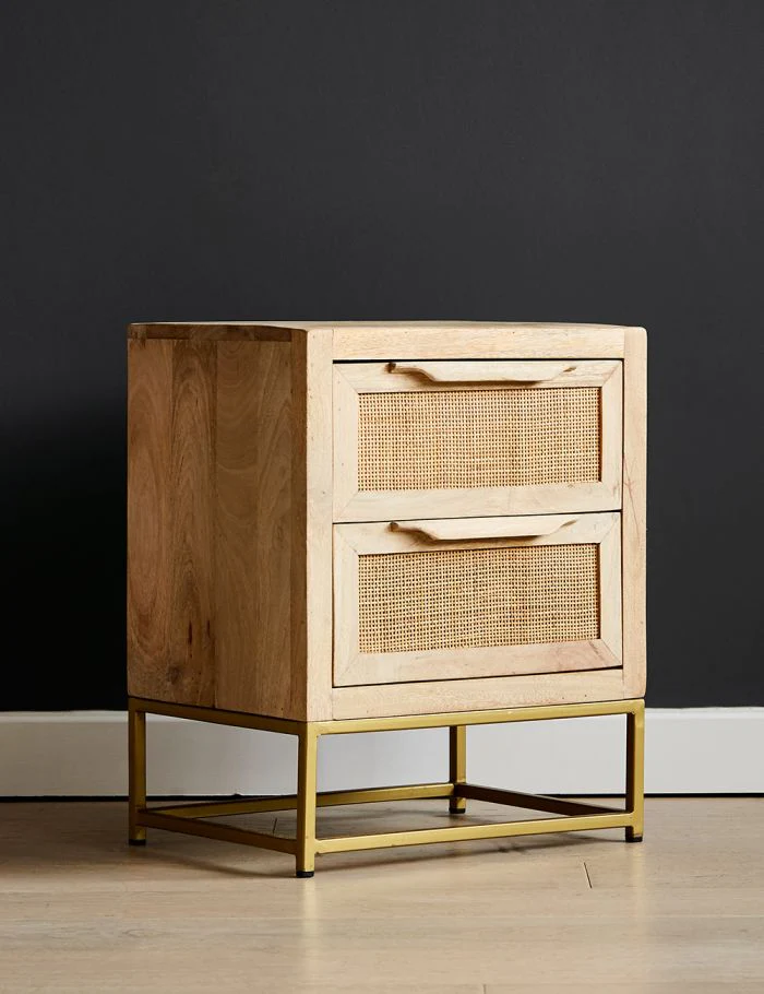 Vodrohome solid mango wood webbed bedside table with two drawers – classic design night stand with iron base 45x35x56 cm S#016 - vodrohome