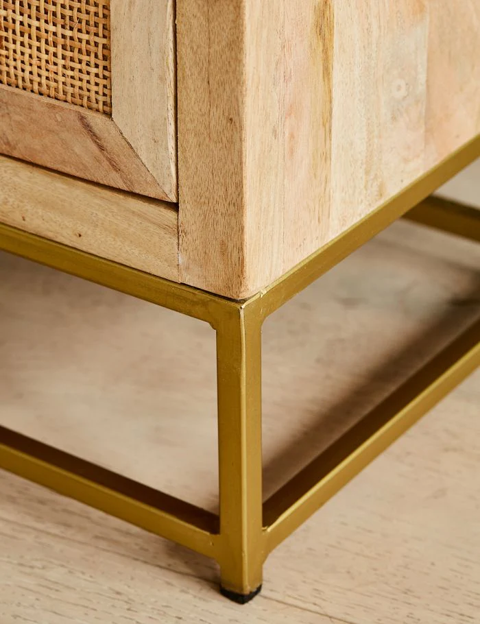 Vodrohome solid mango wood webbed bedside table with two drawers – classic design night stand with iron base 45x35x56 cm S#016 - vodrohome