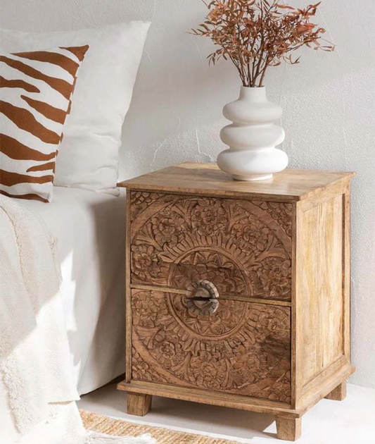 Vodrohome mango wood bedside table with two drawers – classic design night stand with beautiful carving 40x33x51 cm S#018 - vodrohome