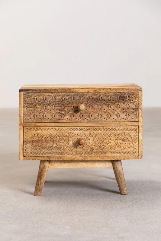 Vodrohome mango wood bedside table with two drawers – classic design night stand with beautiful carving 50x35x45 cm S#019 - vodrohome