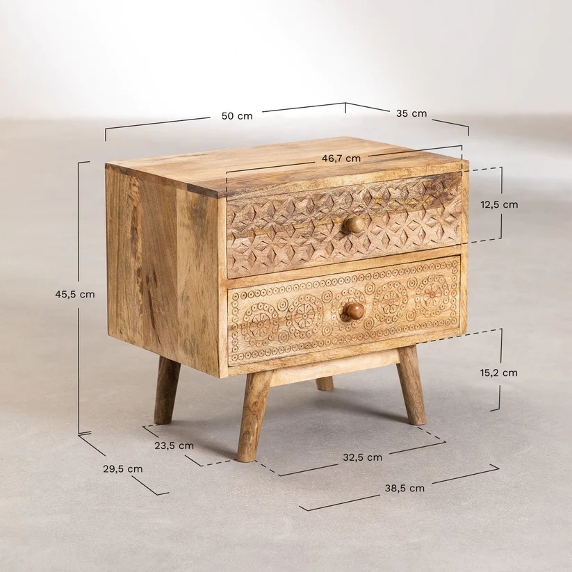 Vodrohome mango wood bedside table with two drawers – classic design night stand with beautiful carving 50x35x45 cm S#019 - vodrohome
